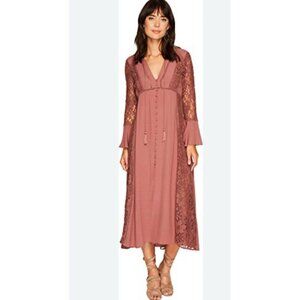 ASTR The Label Copper Ditsy Long Sleeve Midi Dress Sz S Lace Whimsy Boho Ruffles